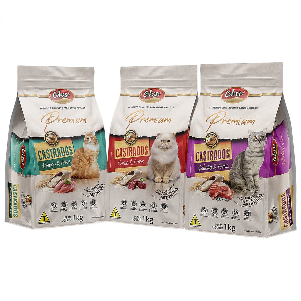 Kit 3 Un Ração Premium Gato Castrado Frango Salmao Carne Colosso 1kg