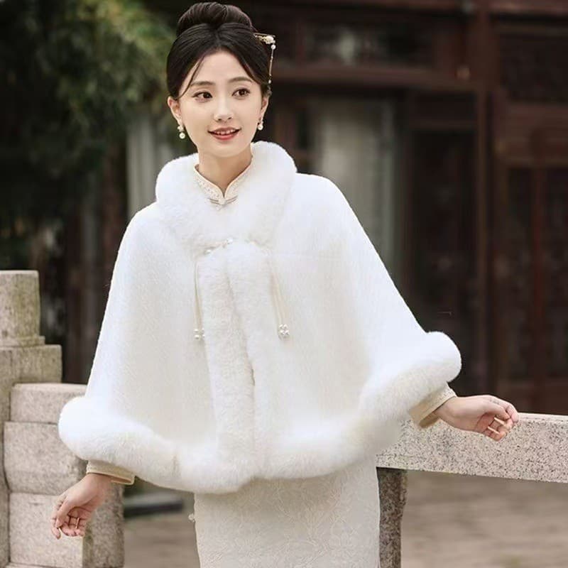 Capa Feminina Vintage Estilo - Poncho Pelúcia Grosso Elegante Retrô 2 Modelos Branco/Gola Pelud