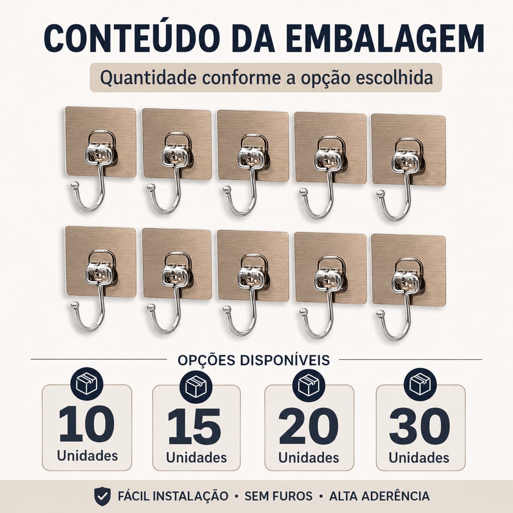 Kit Gancho Adesivo de Parede 10, 15, 20 ou 30| Suporte Multiuso para Cozinha, Banheiro e Casa