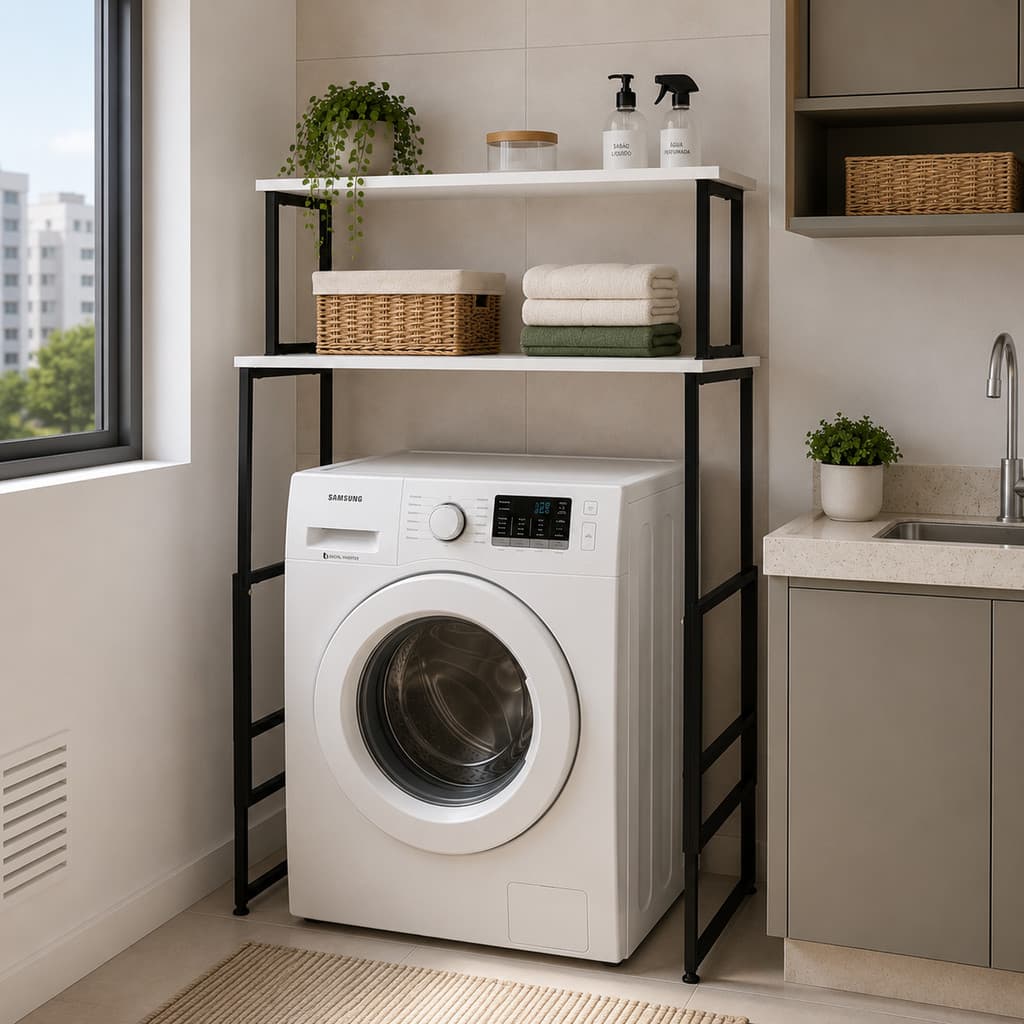 Armário para Lavanderia com Suporte para Máquina de Lavar Prateleiras MDF Estrutura em Aço