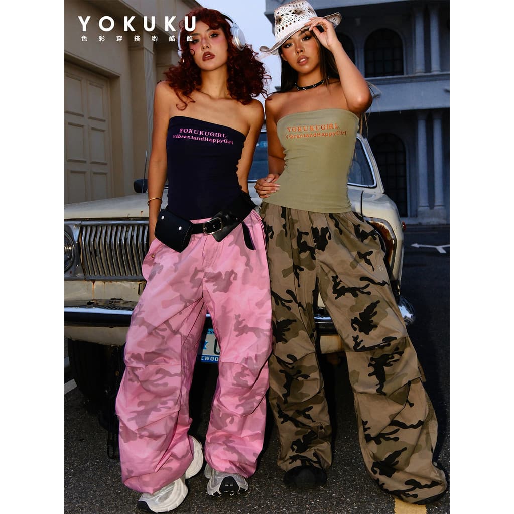 Yocool (regra da selva) americano Retro impresso calças de perna larga feminino solto All-Match mais magro olhar calças