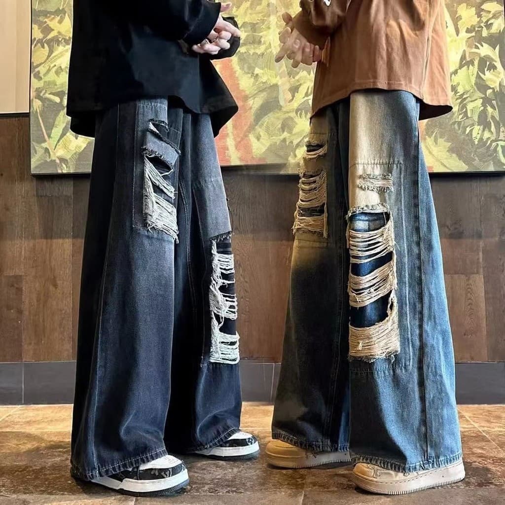 Americano High Street estilo Retro rasgado Jeans masculino feminino lavado angustiado perna larga solta reta#美式高街风复古破洞牛仔
