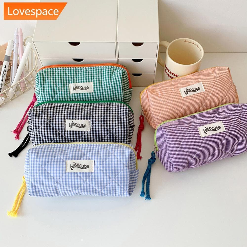 LS-STORE Estojo De Lápis De Pano Xadrez De Grande Capacidade Estilo Coreano Bolsa De Maquiagem INS Armazenamento De Pape