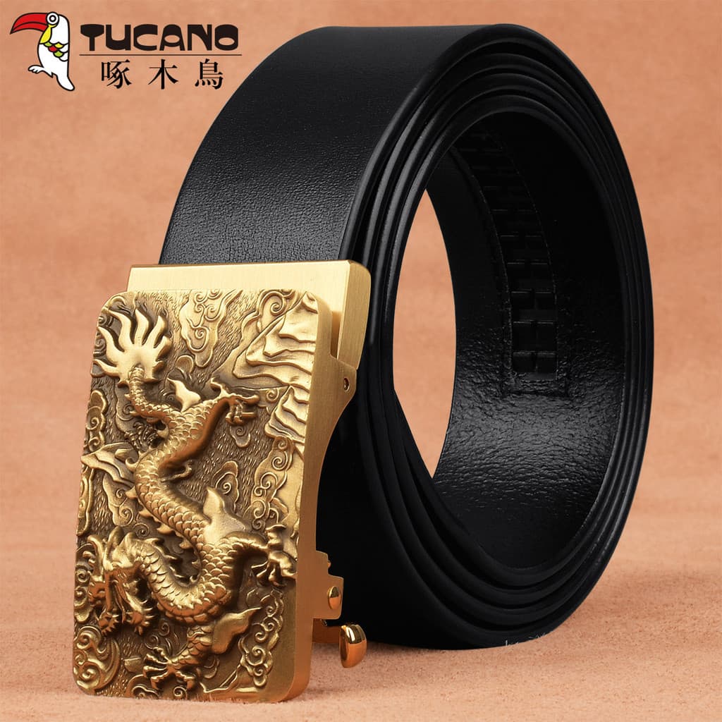 Woodpecker torneira de couro fivela de cobre cinto calças de couro genuíno cinto masculino Casual negócios de meia-idade