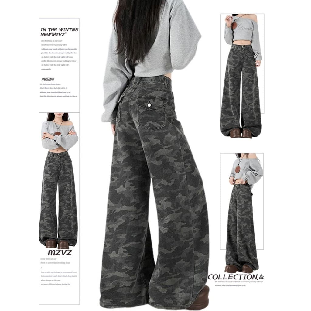 Americano Retro camuflagem calças de perna larga feminina primavera Plus Size gordura mm High Street solto macacão reto