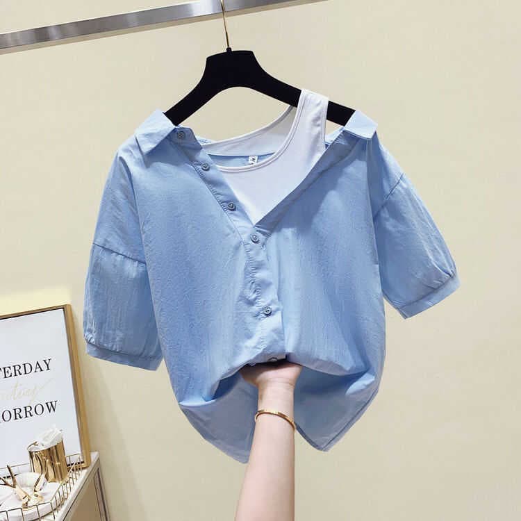 Moda fora do ombro camisa feminina Design nicho de manga curta 2025 novo estilo verão solto falso de duas peças chique t