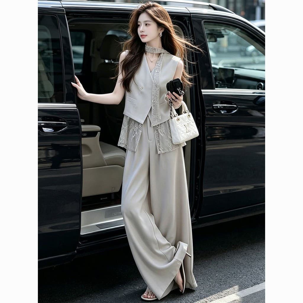 Design sentido renda costura sem mangas colete calças de perna larga terno feminino versão coreana elegante roupas femin