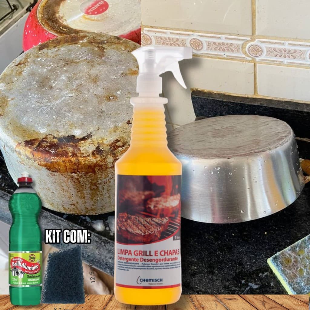 Kit Salva Panelas Completo Limpa Grill e Chapas Bucha e Limpador 1,5L