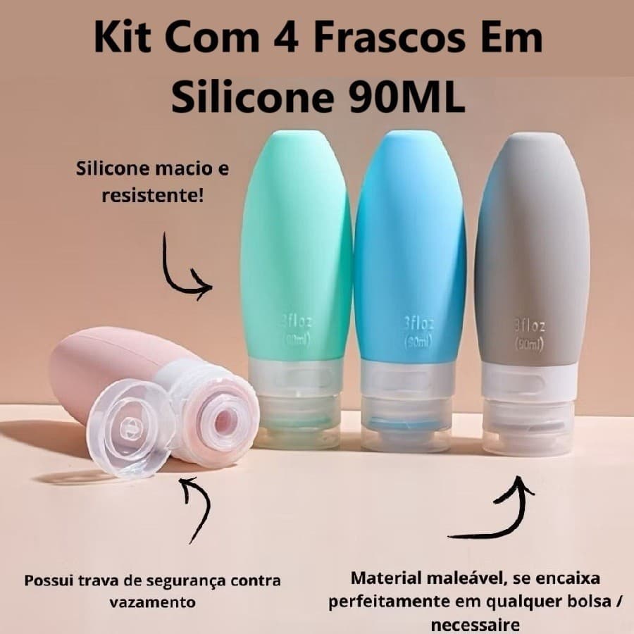 Kit 4 ou 3 Frascos 60ML Ou 90ML Silicone Com Estojo Transparente Prático Para Viagens Dispensador