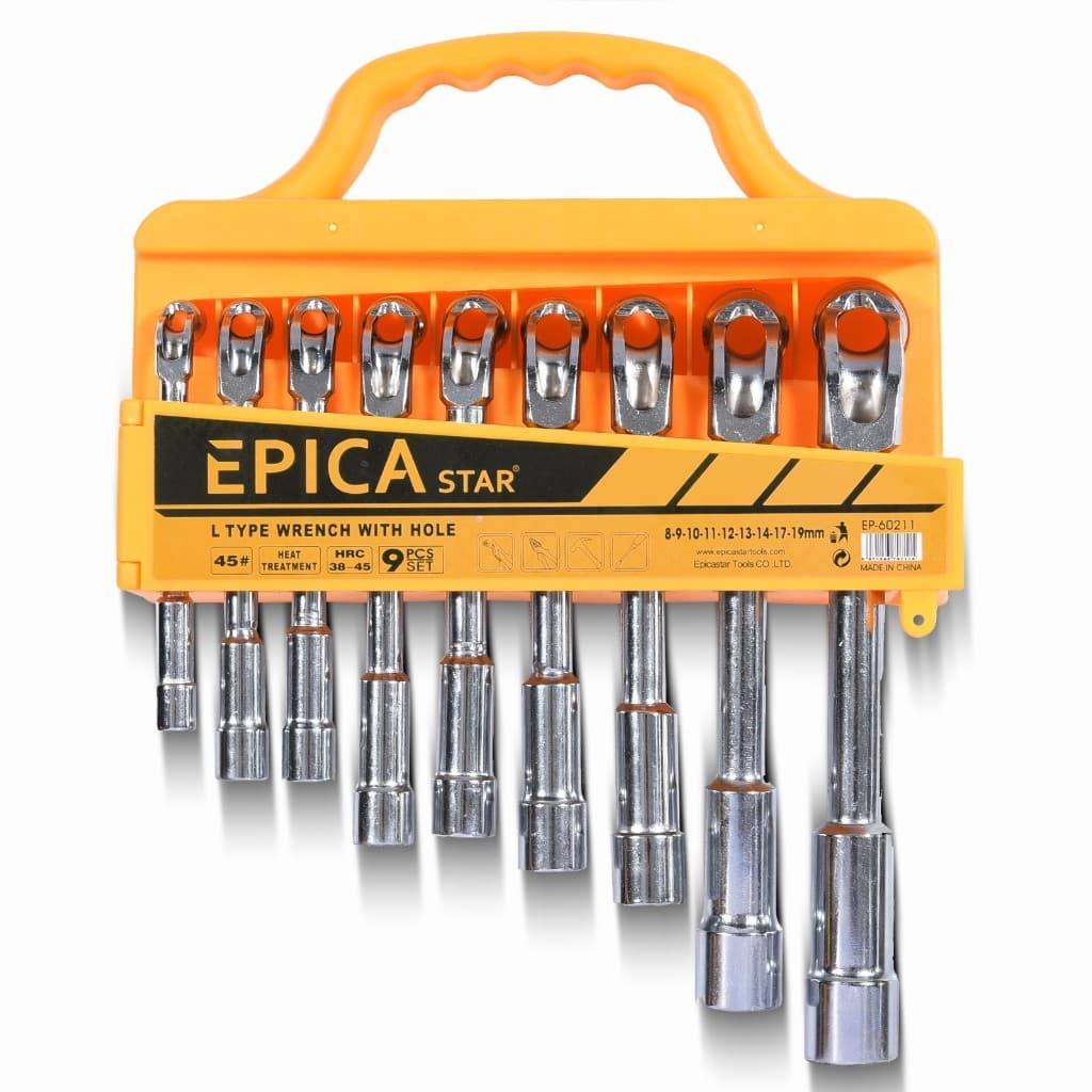 Chave Soquete em L com Furo EPICA STAR 9 Peças - 8 a 19mm - Aço Cromo Vanádio - Ideal para Espaços Apertad