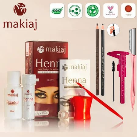 Henna Natural Makiaj + Régua + Lâmina + 1 Pincel Espiral + 2 Lápis Preto/Marrom - Completo