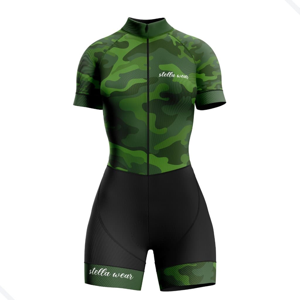 Macaquinho Ciclismo Feminino Profissional Gel Acolchoado UV Proteção MTB Speed Camuflado Verde