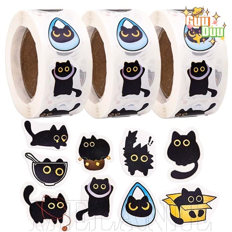 [Guudu] 500 Peças De Adesivos De Gato Preto De Desenho Animado-Papelaria Para Estudantes-Adesivo De Pacote De Doces-Etiq