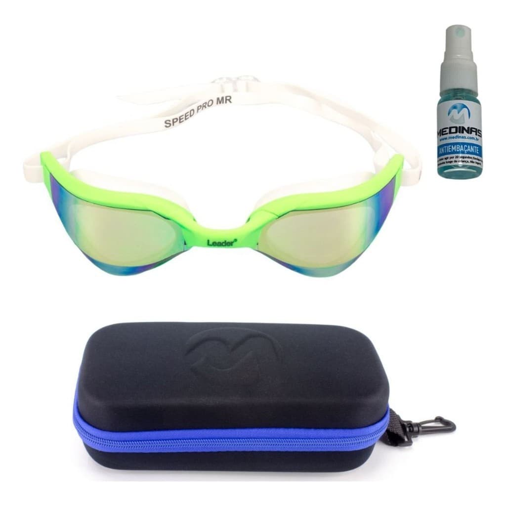 Kit Oculos Natação Leader Speed Pro Verde + Estojo Medinas Logo Azul + Spray