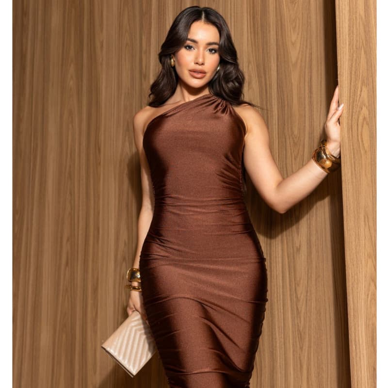 Vestido Midi Justo Feminino Um Ombro Só Drapeado Look Festa Balada Elegante  Tecido Confortável