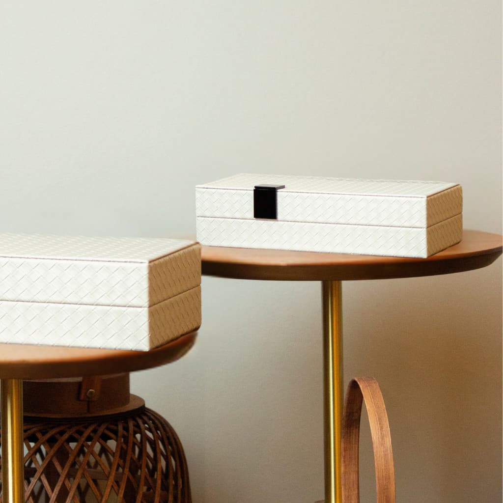 Caixa Decorativa Texturizada Baú Porta Treco e Objetos Marfim Enfeite de Mesa Rack Paramout