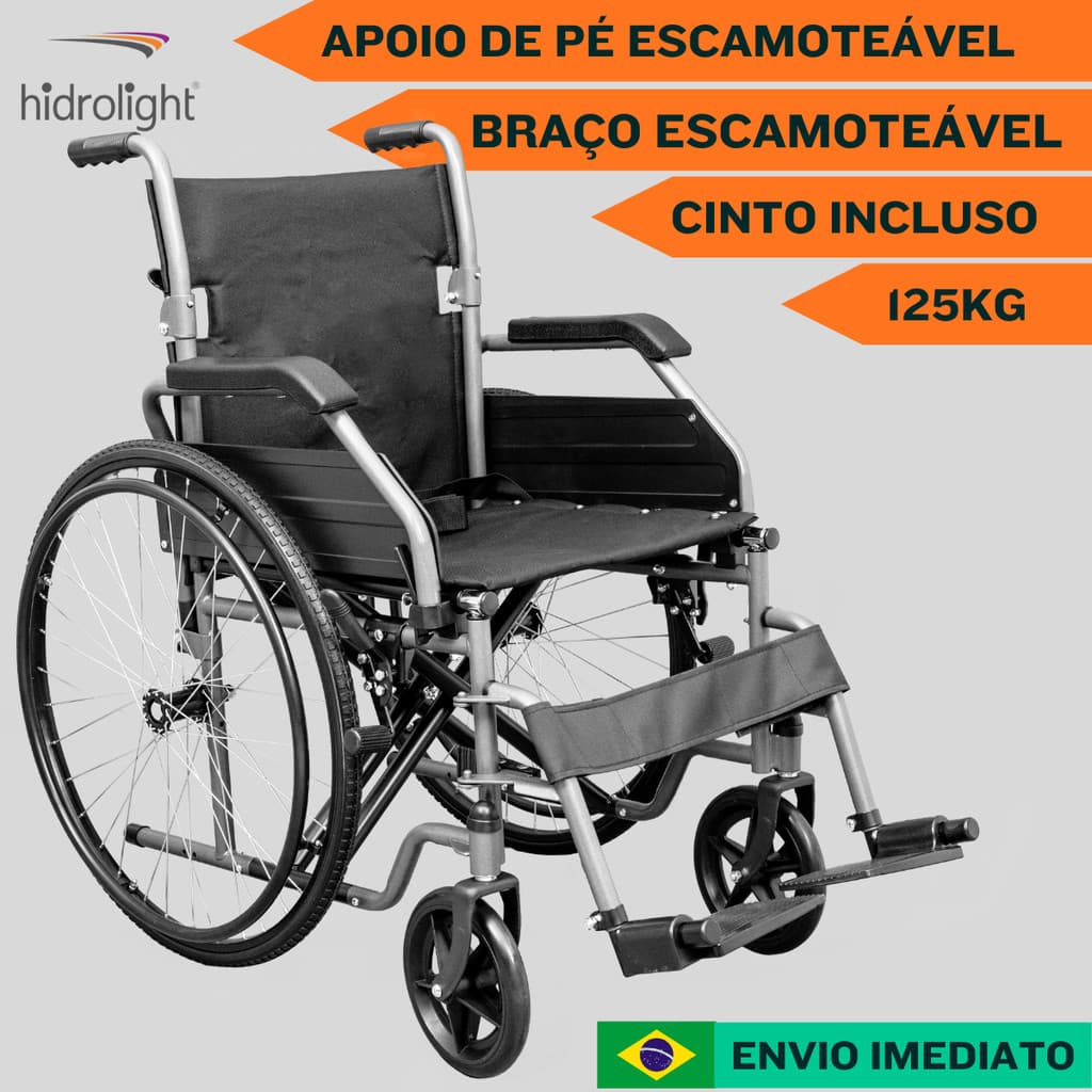 Cadeira de Rodas Hidrolight 125Kg Dobrável Braço Pé Escamotéavel Compacta Idoso Cinto