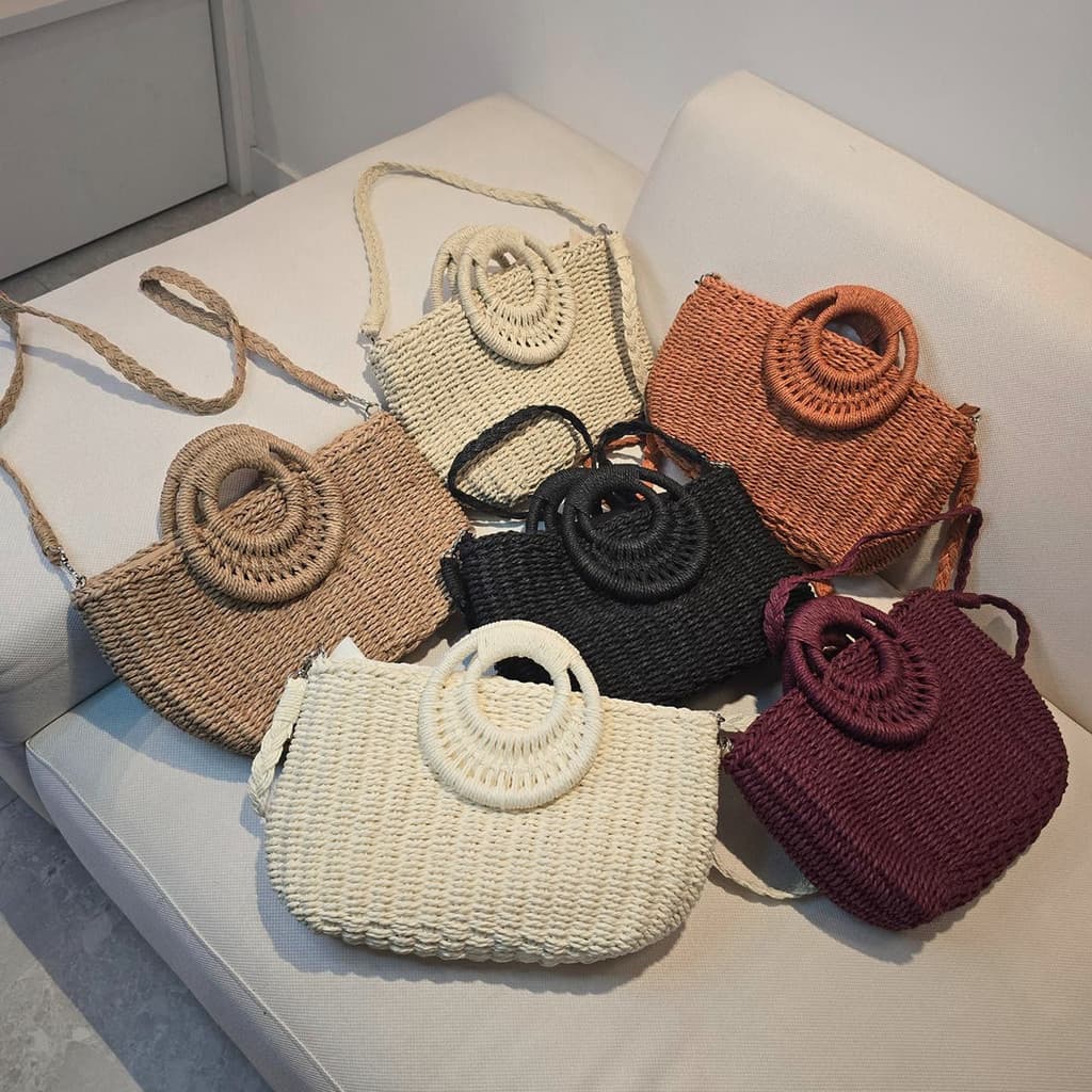 Bolsa Artesanal Meia Lua Retangular Bege para Praia Verão