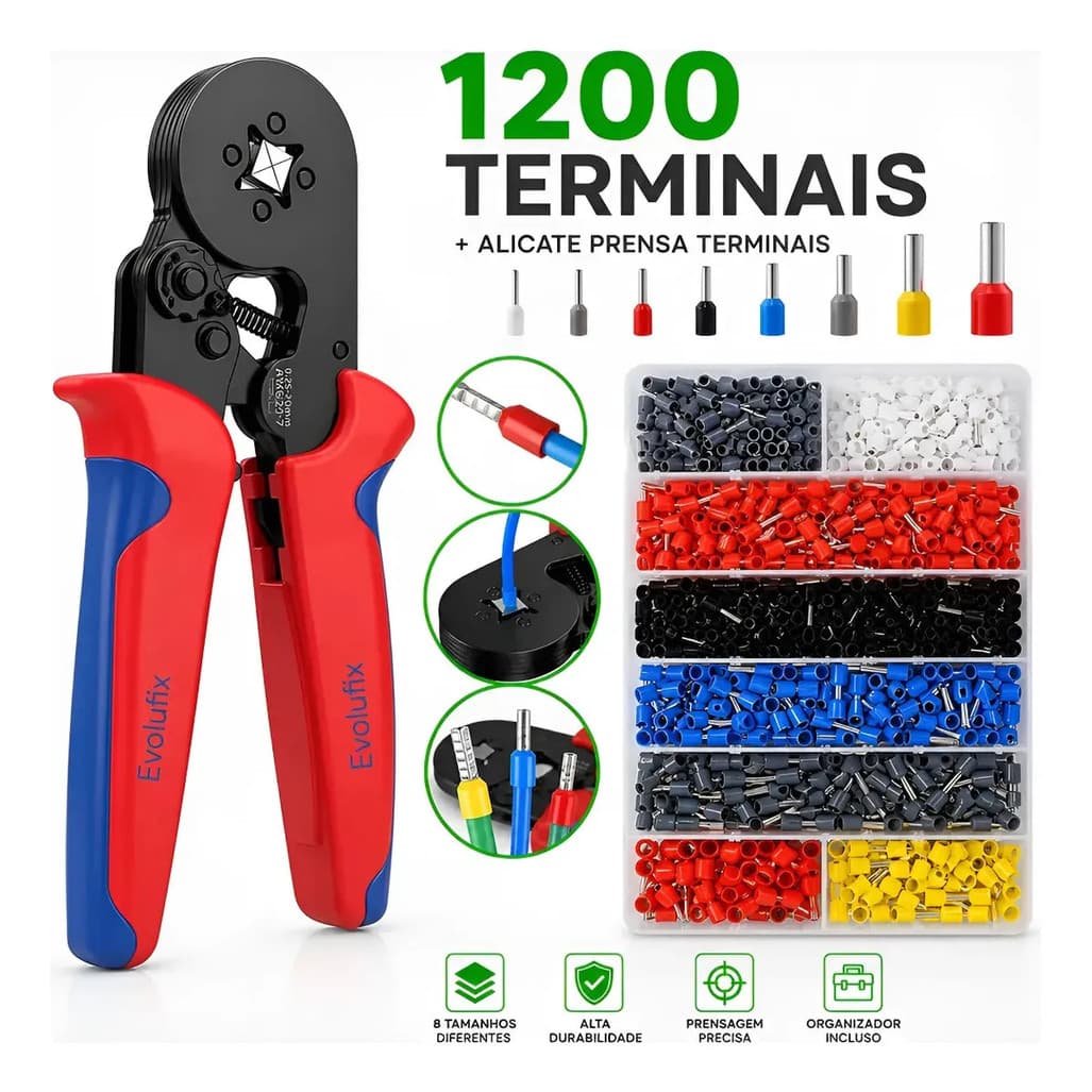 Alicate Crimpar Prensa Terminais + 1200 Ilhós Tubular Fios