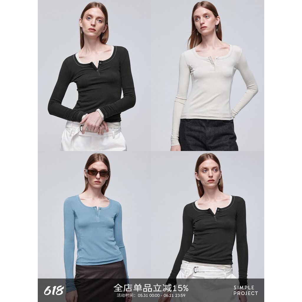 Projeto simples * Camisa feminina Henley com decote em U falsa de duas peças com decote em U de manga comprida