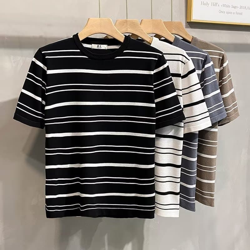 2025 verão novo estilo listrado camisola de manga curta masculina em torno do pescoço magro-ajuste meia manga camiseta n