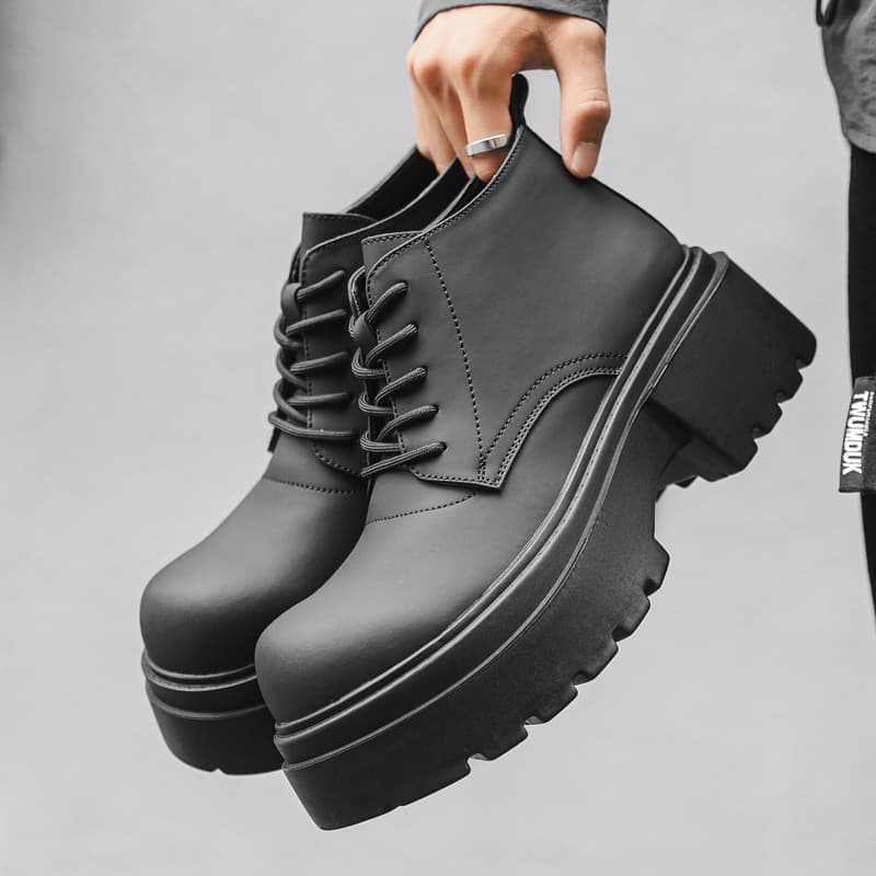 Derby sapatos de sola grossa aumento interno de uma peça botas Martin de cano alto masculino estilo japonês virado para