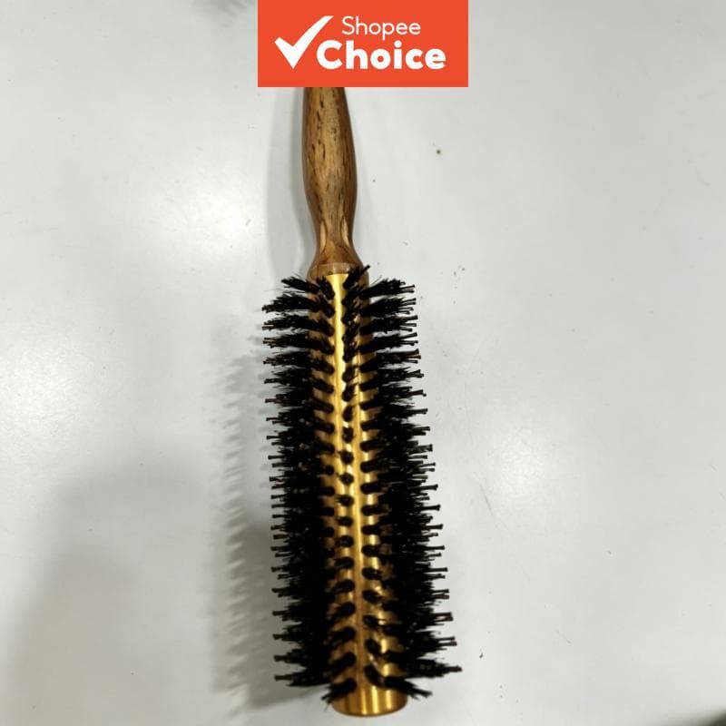 Escova de Modelagem de Cabelo Redonda de Cerdas Mistas (Cerdas de Javali e Nylon) com Corpo de Madeira e Barril de