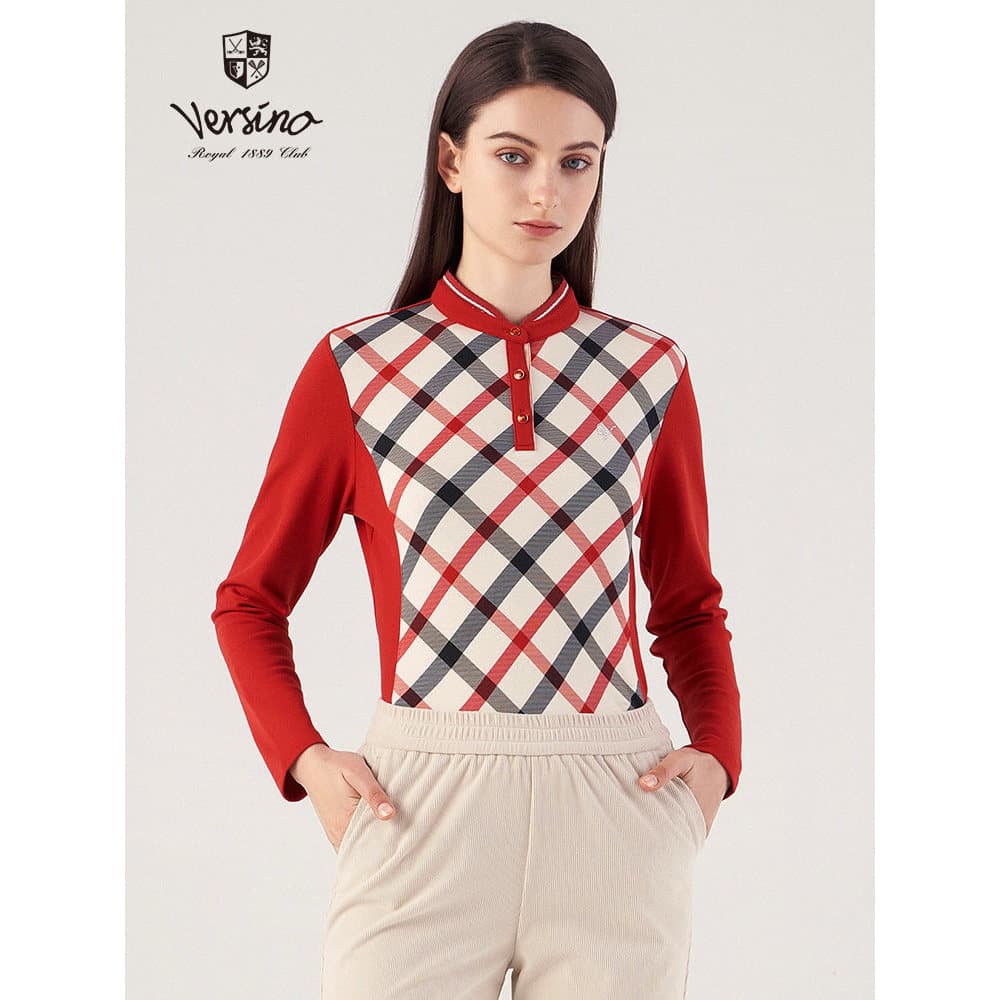 Versino versino camiseta feminina Casual de manga comprida outono inverno novo estilo senhoras xadrez gola alta Commuter