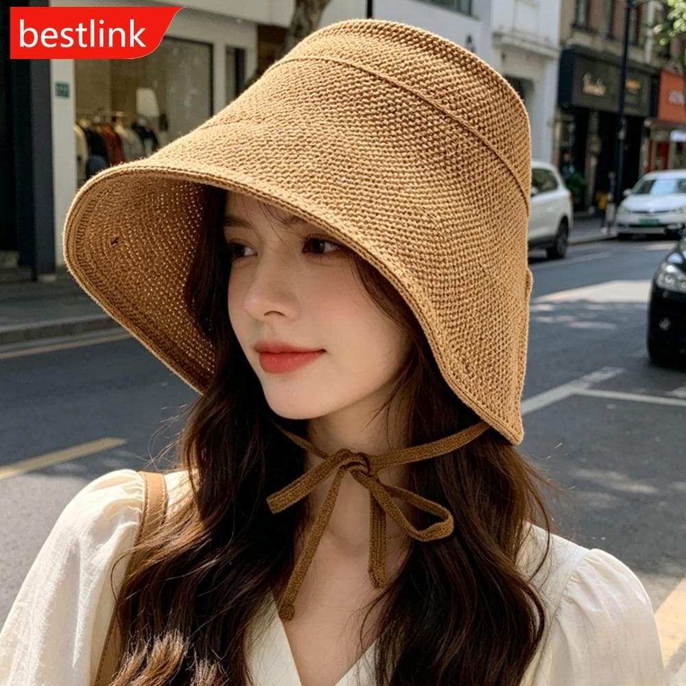 BESTLINK Feminino Linho Palha Regência Gorro Chapéu Padrão Geométrico Grande Aba Larga De Sol Ajustável Rendas Até Arco