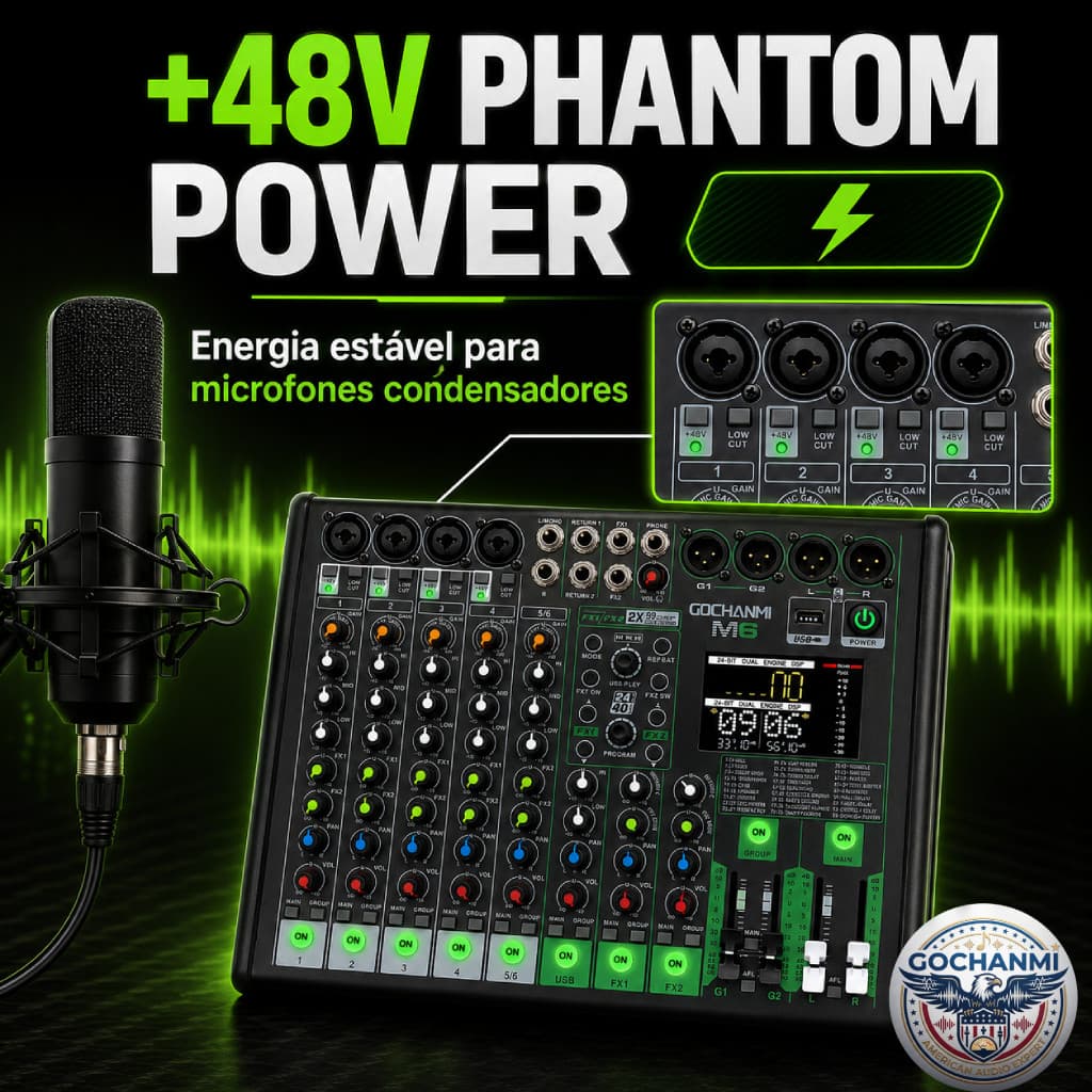 Mesa de Som 6 Canais GOCHANMI M6 com Reverb DSP Bluetooth USB Bivolt
