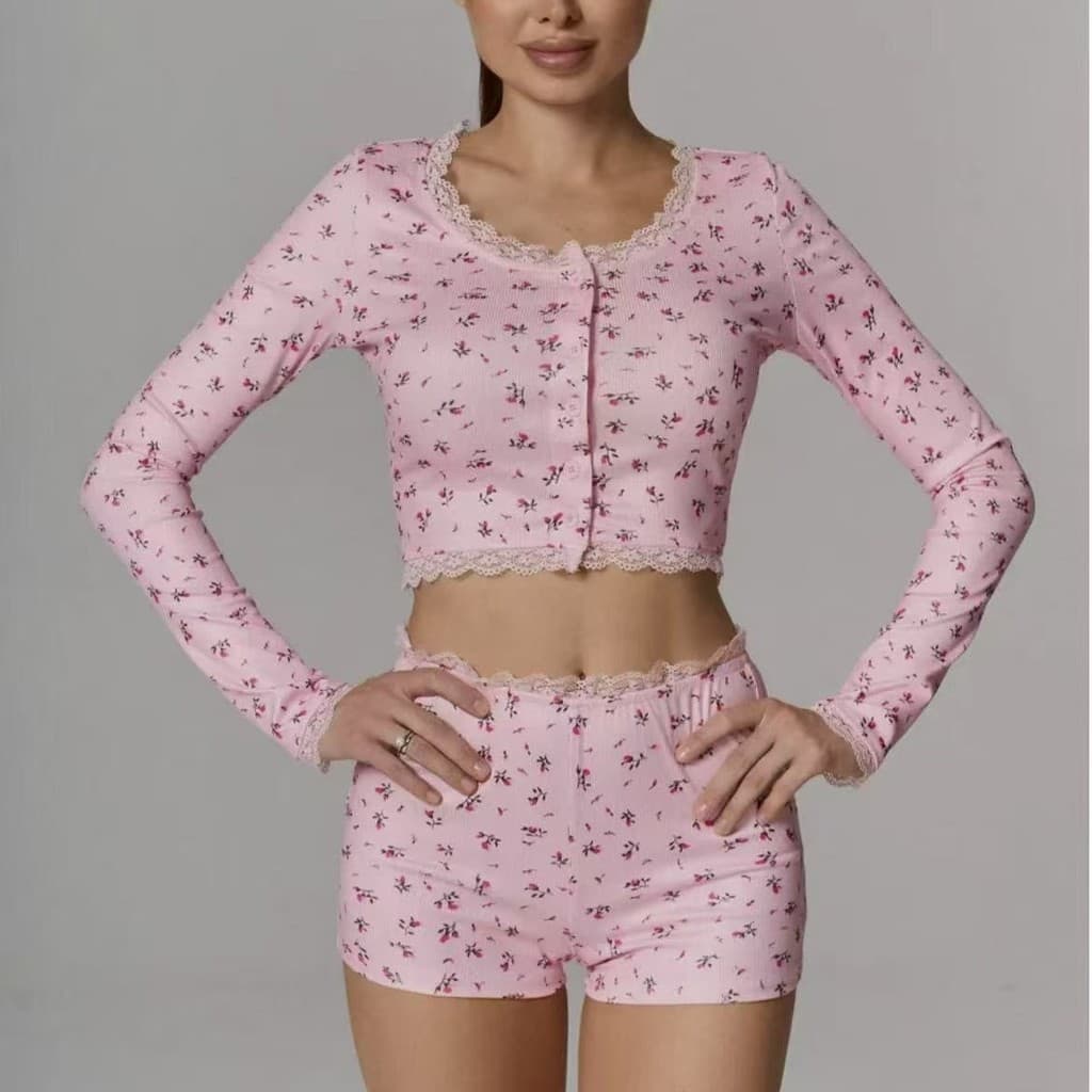 Conjunto de estampa floral para e-commerce transfronteiriço, top de manga comprida, decote redondo e baixo, ajustado, si