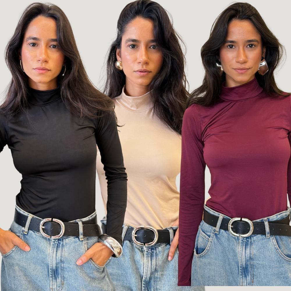 Kit 3 Blusa Feminina Estilosa Manga Longa Elegante Gola Alta Confortável Básico Liso Camisa De Frio Segunda Pele