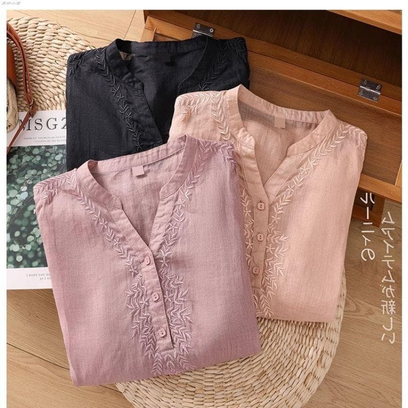 Novo estilo chinês algodão bordado meia manga camisa feminina verão mãe estilo chinês moda solta topo Casual fino camisa