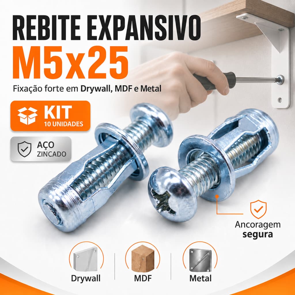 Kit 10 Grampos Rebite Expansivo M5x25 Metálico para Drywall MDF Gesso Bucha Rosca Fixação Forte