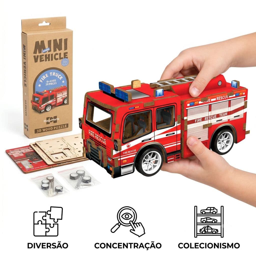 Quebra Cabeça 3D Madeira Mini Veículo Fricção Brinquedo Educativo Policia Bombeiro Corrida
