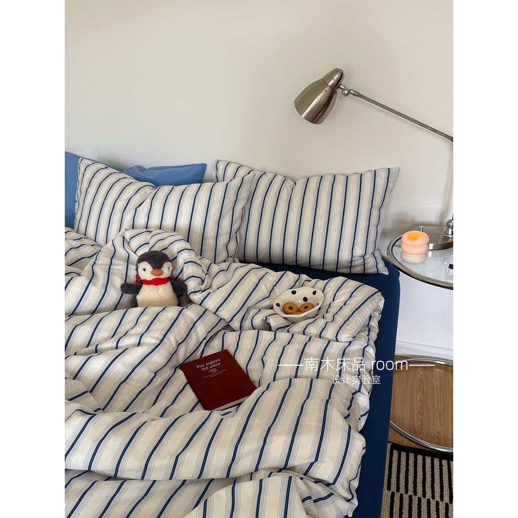 Sal marinho brisa tardia | Ins Blogger Simples Azul Listrado Algodão Conjunto de Quatro Peças 1.8 Lençol Estilo Meninos