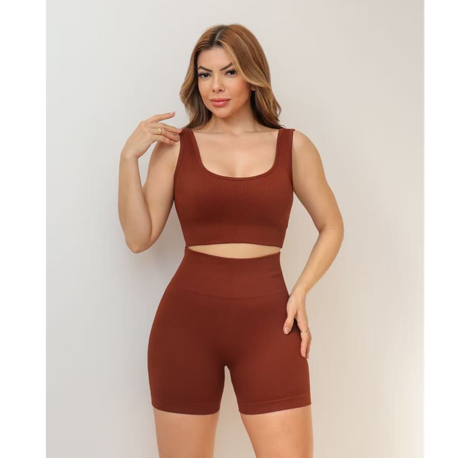 Conjunto Feminino Fitness Canelado Poliamida Grosso Short Esportivo Academia Yoga 3RD SD1416