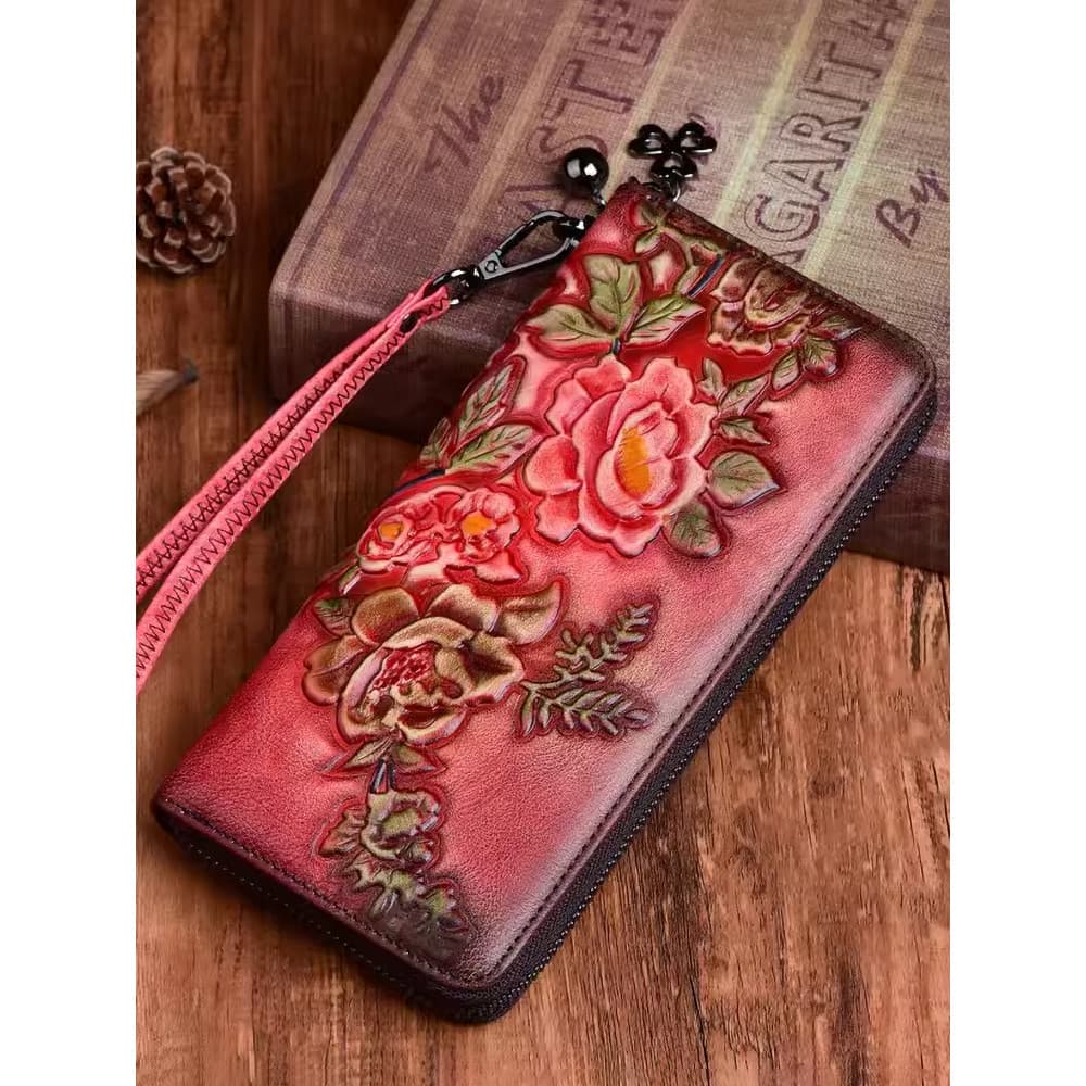 Retro cor polimento carteira de couro genuíno carteira longa primeira camada de couro mão-em relevo moda multifuncional