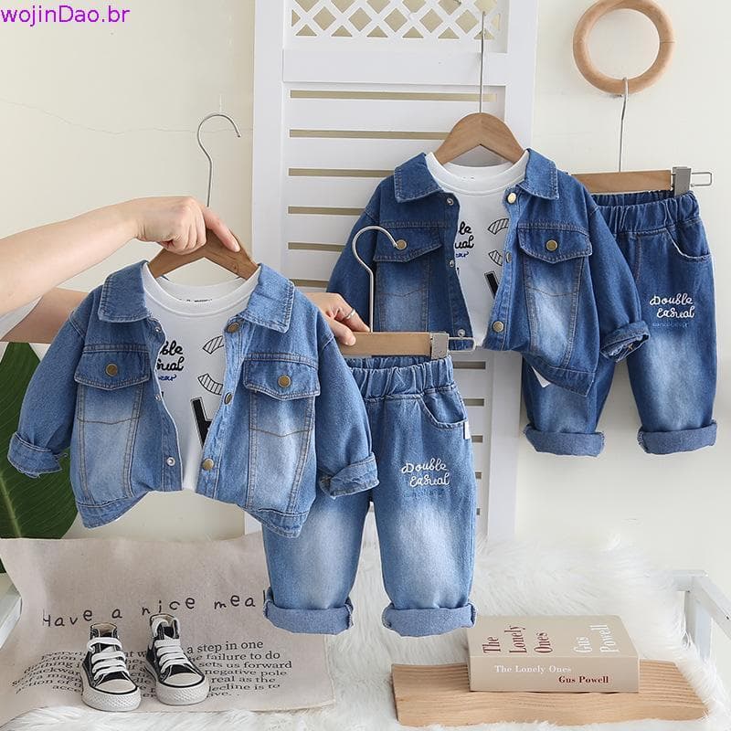Novo Conjunto de Moda de Primavera para Crianças Meninos e Meninas Jaqueta Jeans Cseta Jeans 3 Peças/Conjunto Roupas