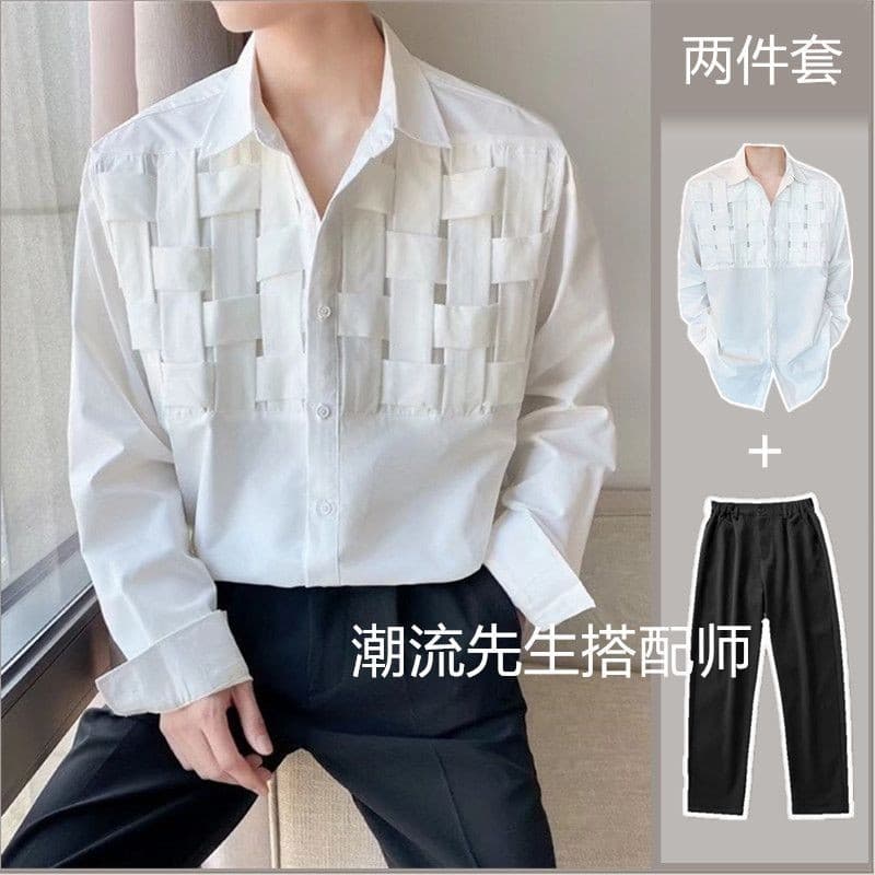 INS versão coreana terno masculino temperamento camisa de manga comprida masculina na moda bonito Casual estilo fino#INS