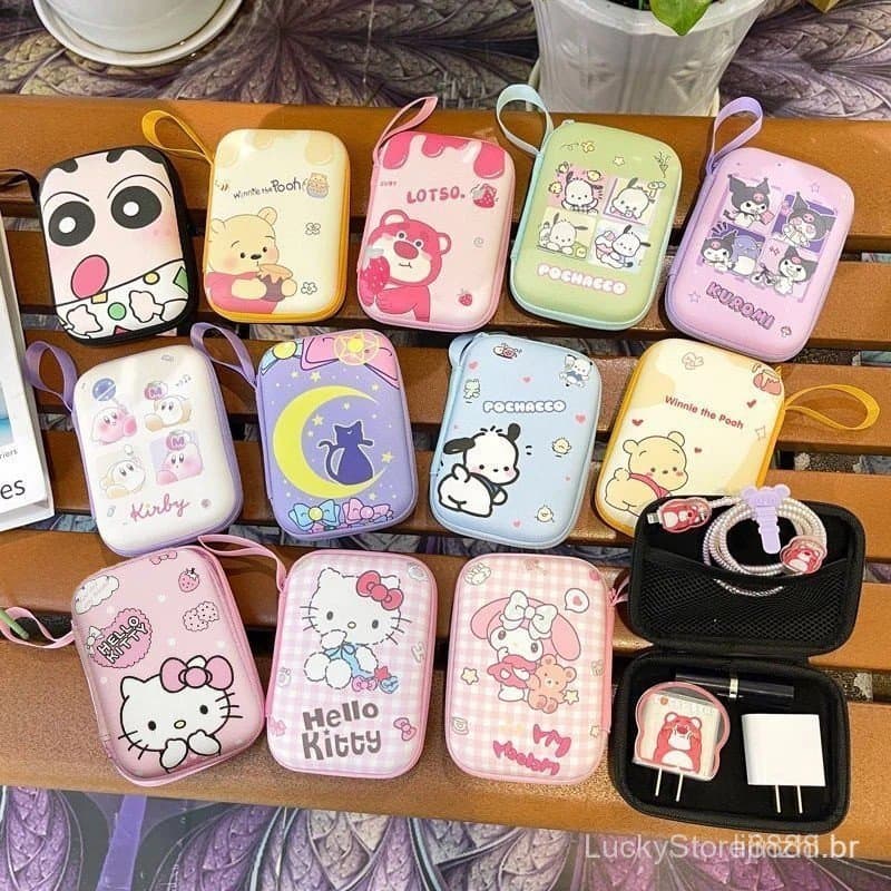 Bolsa de armazenamento Kuromi cartoon KT, estojo rígido portátil para fones de ouvido de viagem, bolsa para cabos de dad