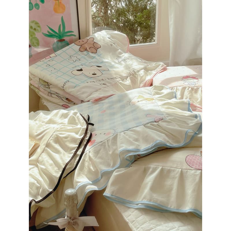 Vitality Girl ins Cartoon Coreano Renda Lavado Algodão Verão Colcha Fresca Conjunto de Quatro Peças Colcha de Ar Condici