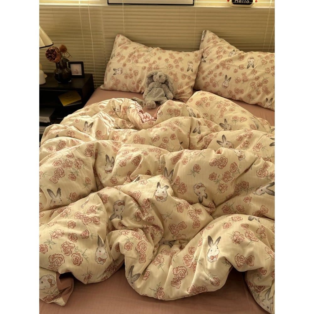 Ins Retro pequeno Floral coelho lavado algodão conjunto de quatro peças lençol cor sólida colcha capa dormitório estudan