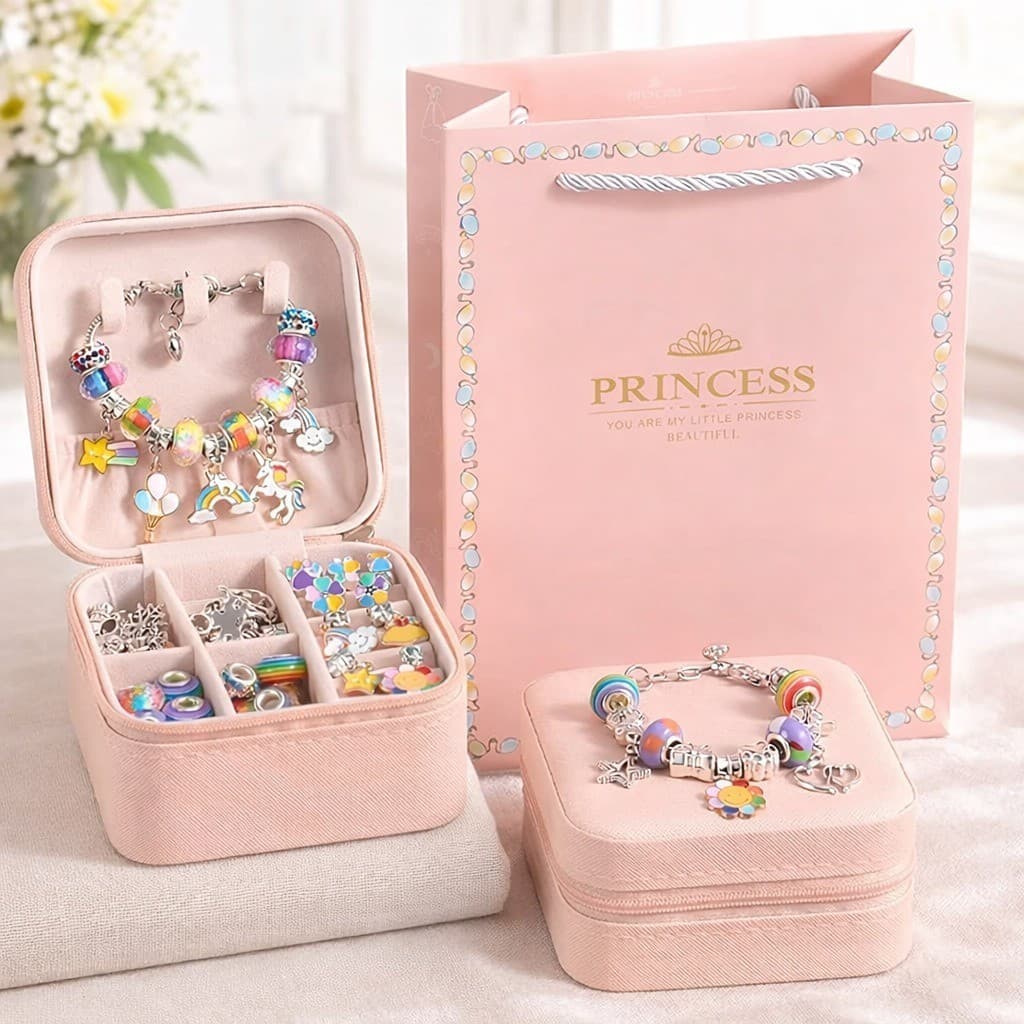 Kit Pulseira E Berloques Diy 66 Peças Com Porta Joias E Sacola Presenteável
