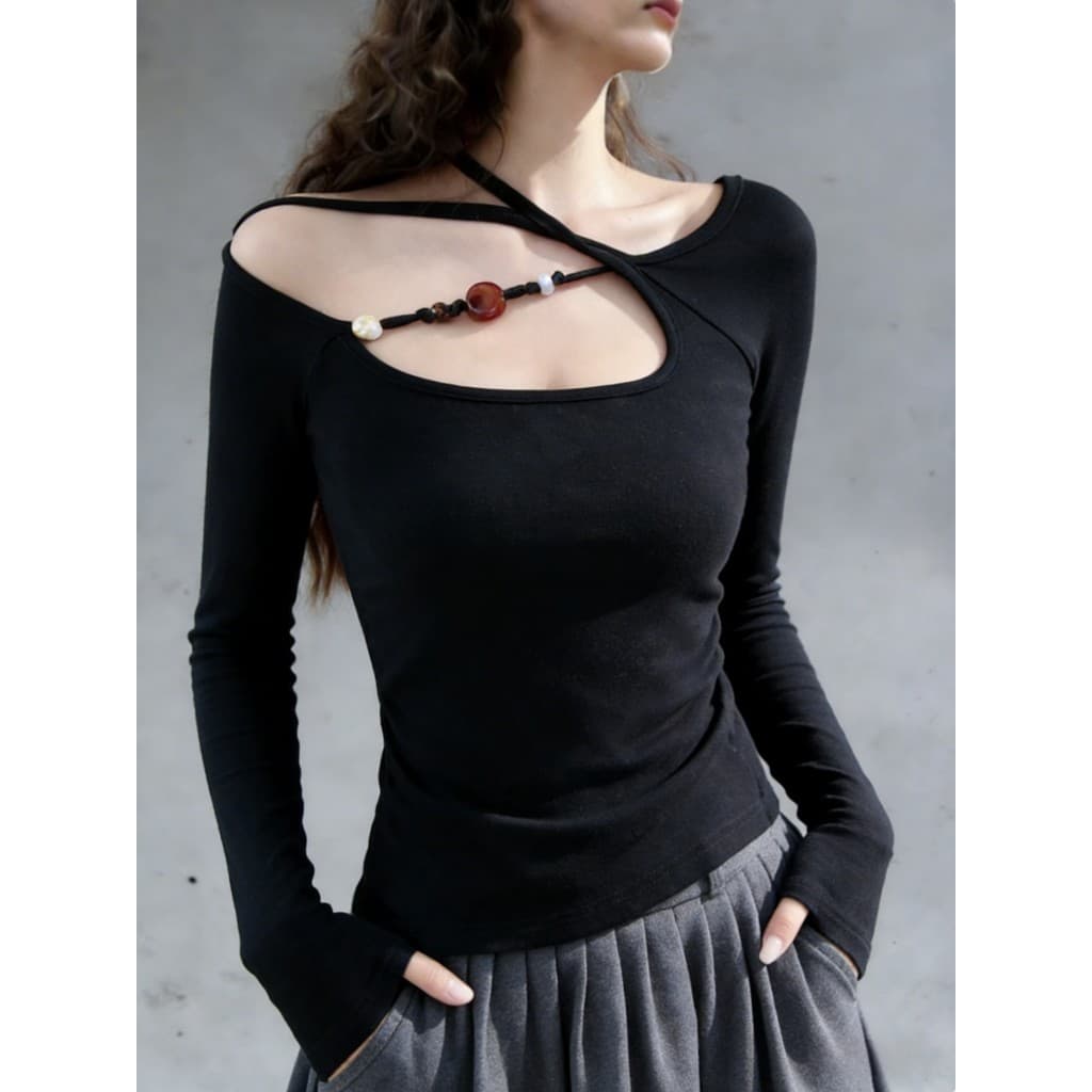 Camiseta feminina Irregular de um ombro preta de manga comprida Slim Fit cintura estreita Bott interno
