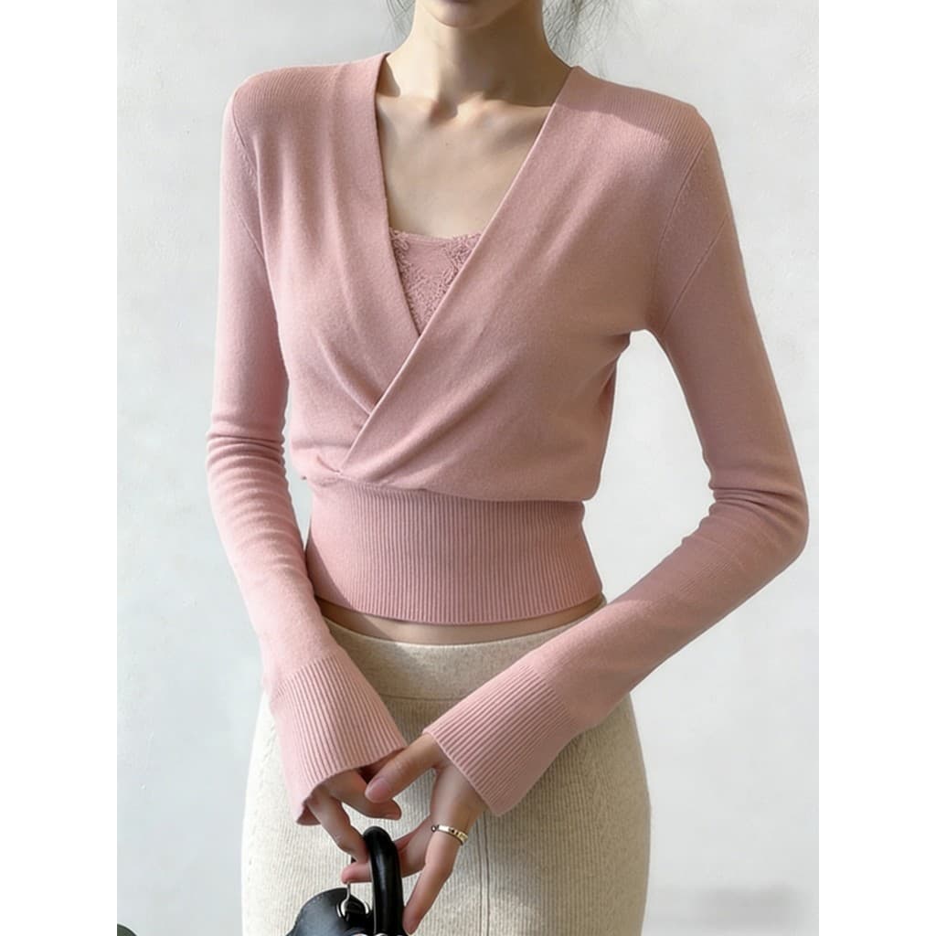 Estilo coreano falso de duas peças rosa com decote em V manga comprida camiseta senhoras temperamento Base interna camis