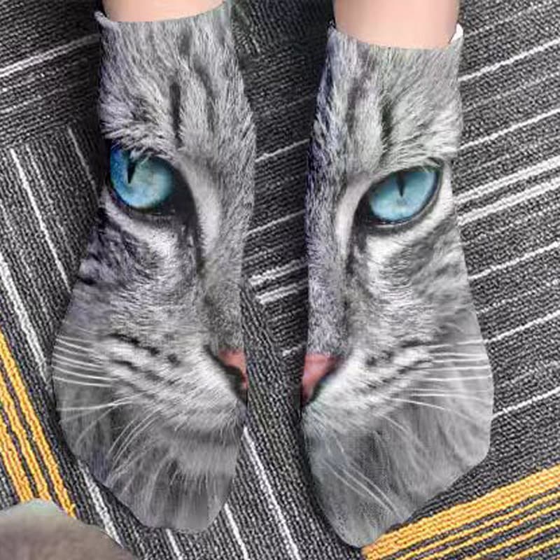 Meias de Cano Curto Divertidas com Estampa de Cabeça de Gato, Meias de Cano Médio Fofas e Interessantes para Homens e Mu