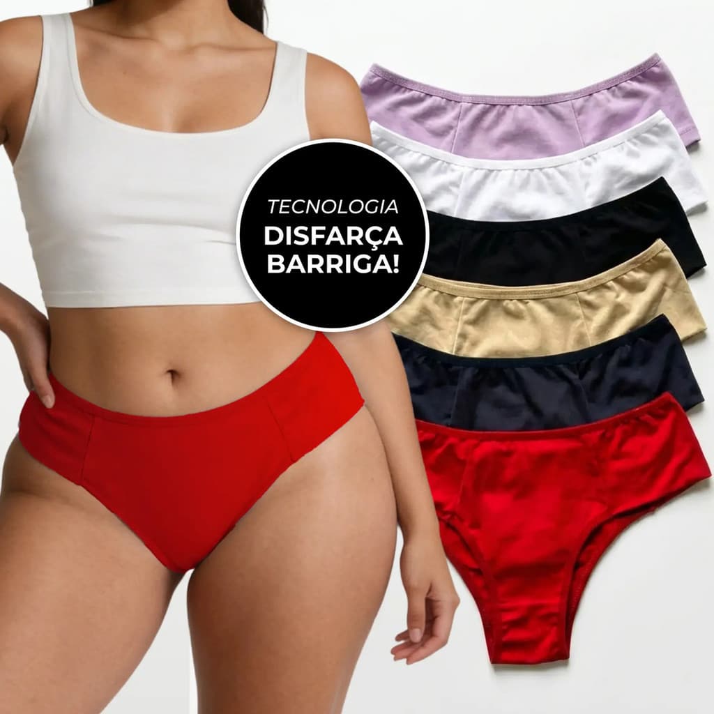 Kit 6 Calcinha Boxer Pós Parto Poliéster Forro Algodão Cintura Alta Cos Largo Confortável
