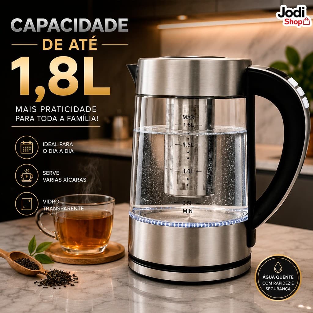 Chaleira de Vidro Elétrica com Infusor Metálico Removível para Chás e Infusões