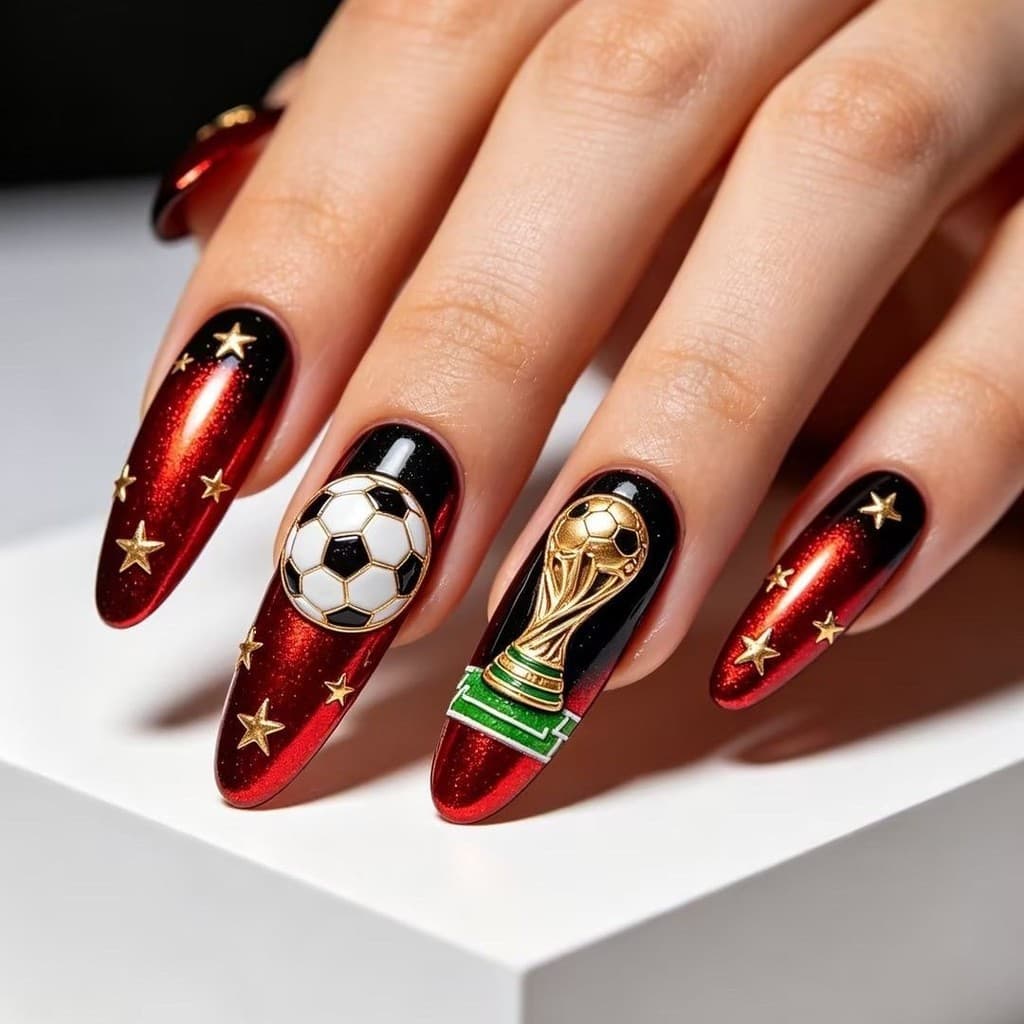 Copa do mundo futebol usando unhas gradiente manicure futebol troféu estrela manicure unhas falsas